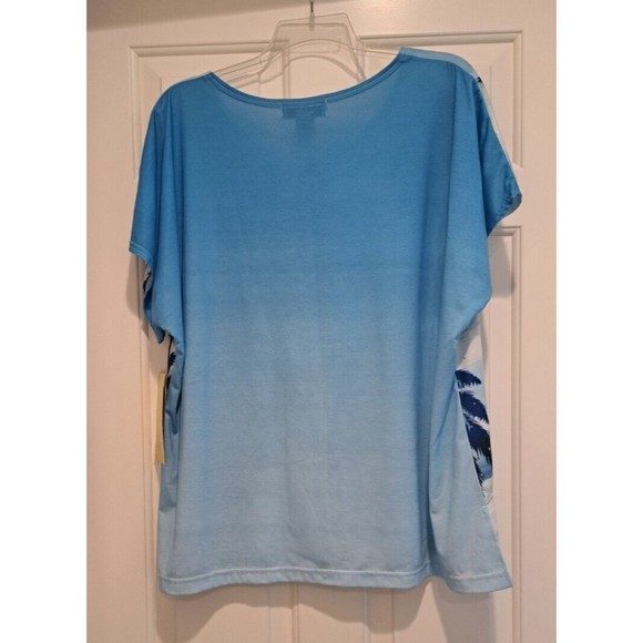 NWT Cathy Daniels T-shirt Womens Size 1x Sequin Palm Tree Short Sleeve Blue - Picture 2 of 6